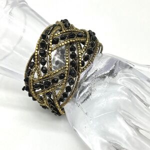 Bronze Tone Cuff Bracelet Black Faceted Beads Wire‎ Wrapped Design